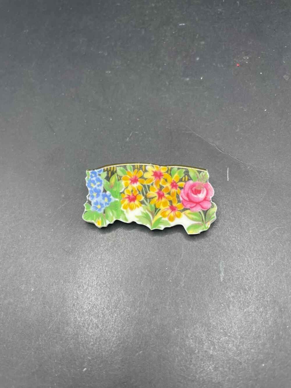Vintage MW Signed Handmade Broken Plate Floral Brooch Pin Porcelain